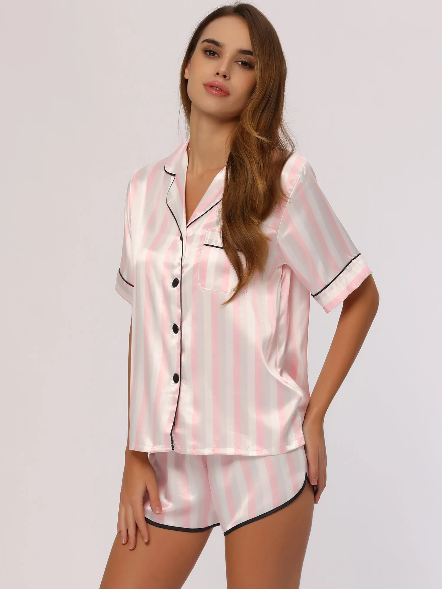 Women's Satin 2pcs Lounge Sleepwear T-Shirt and Shorts Polka Dots Pajama Sets