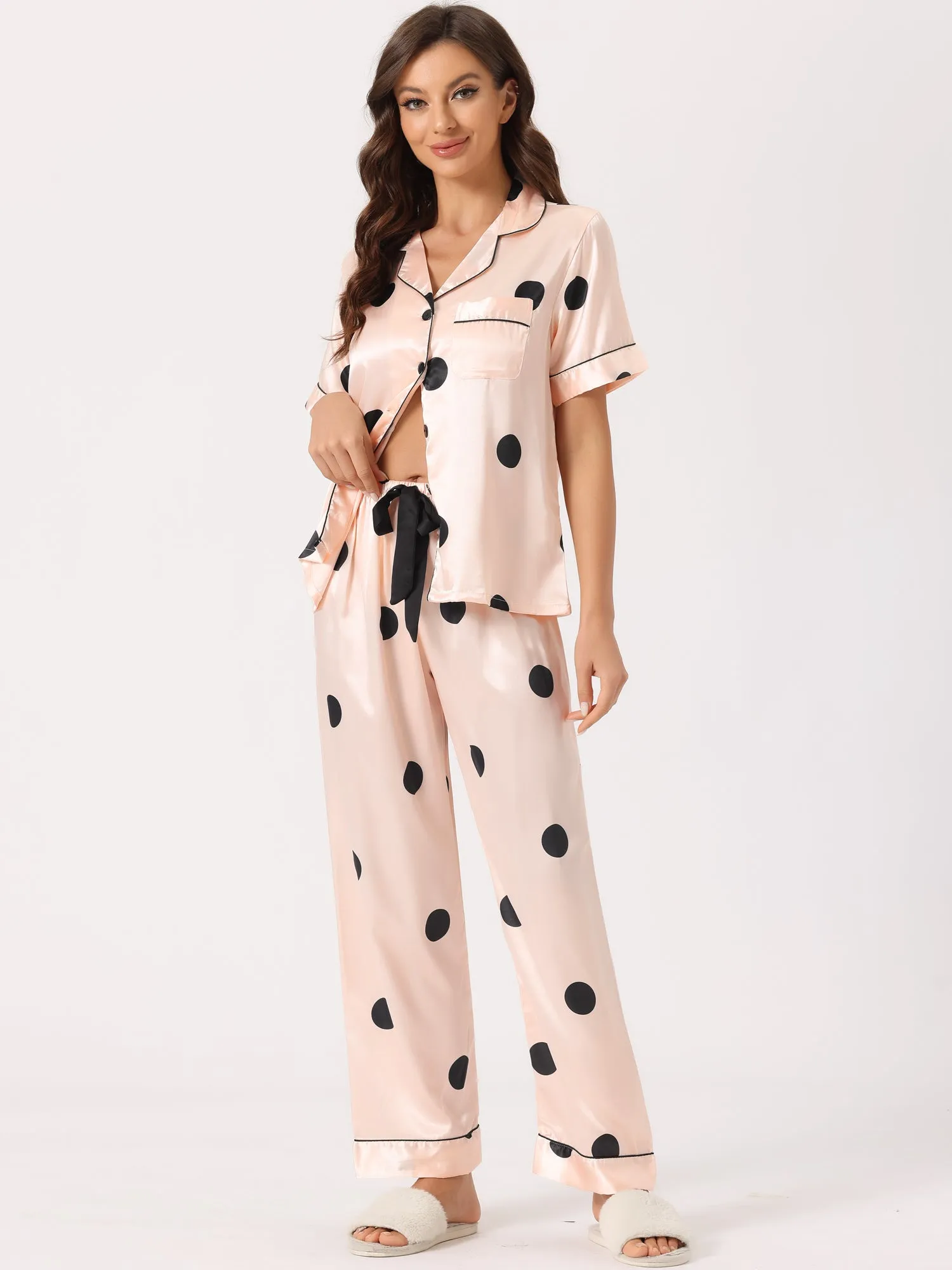 Womens Satin Sleepwear Button Down Short Sleeve with Loose Pants Silky Lounge Pajama Sets