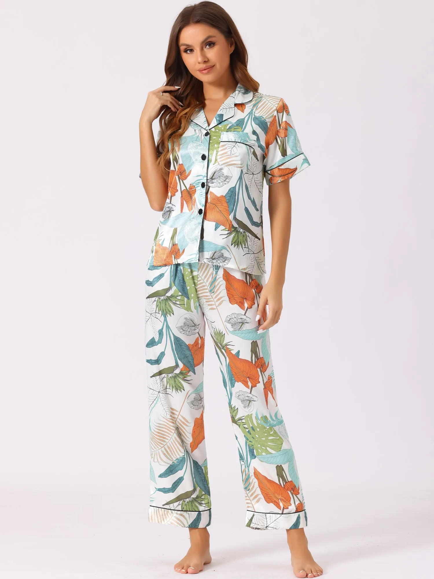 Womens Satin Sleepwear Button Down Short Sleeve with Loose Pants Silky Lounge Pajama Sets