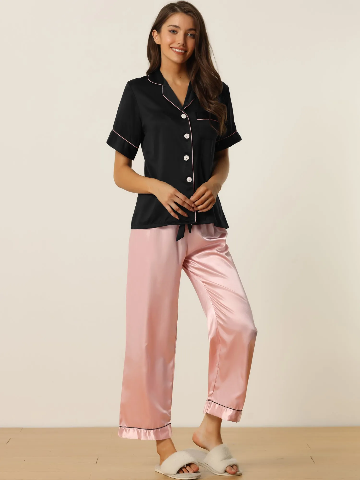 Womens Satin Sleepwear Button Down Short Sleeve with Loose Pants Silky Lounge Pajama Sets