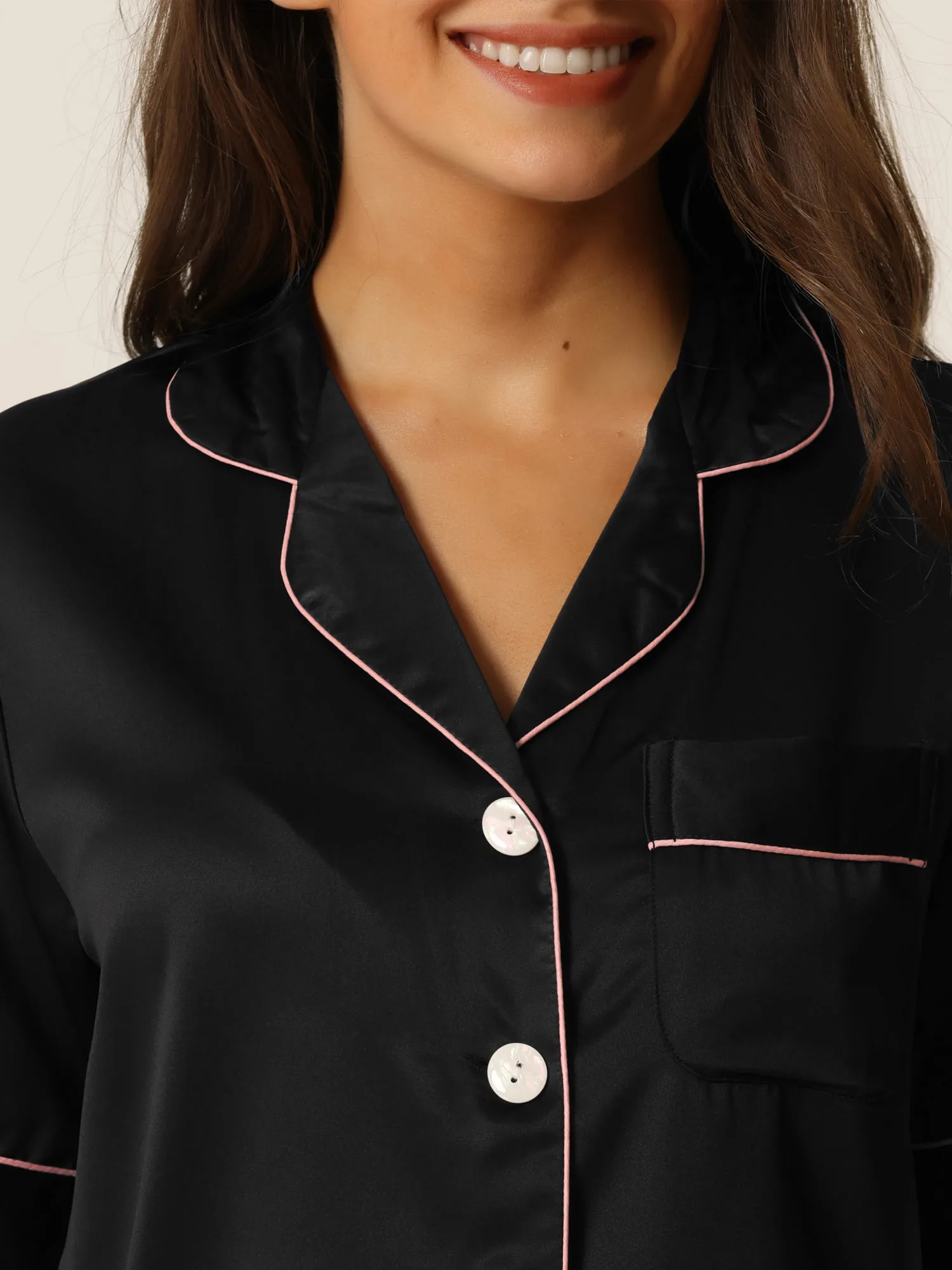 Womens Satin Sleepwear Button Down Short Sleeve with Loose Pants Silky Lounge Pajama Sets