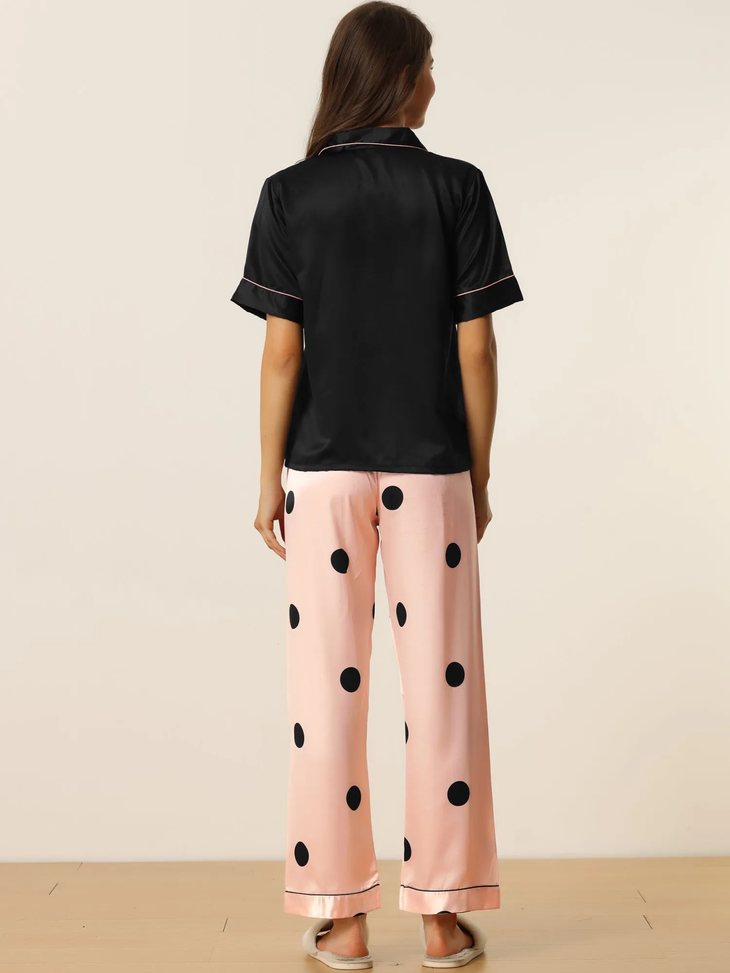 Womens Satin Sleepwear Button Down Short Sleeve with Loose Pants Silky Lounge Pajama Sets