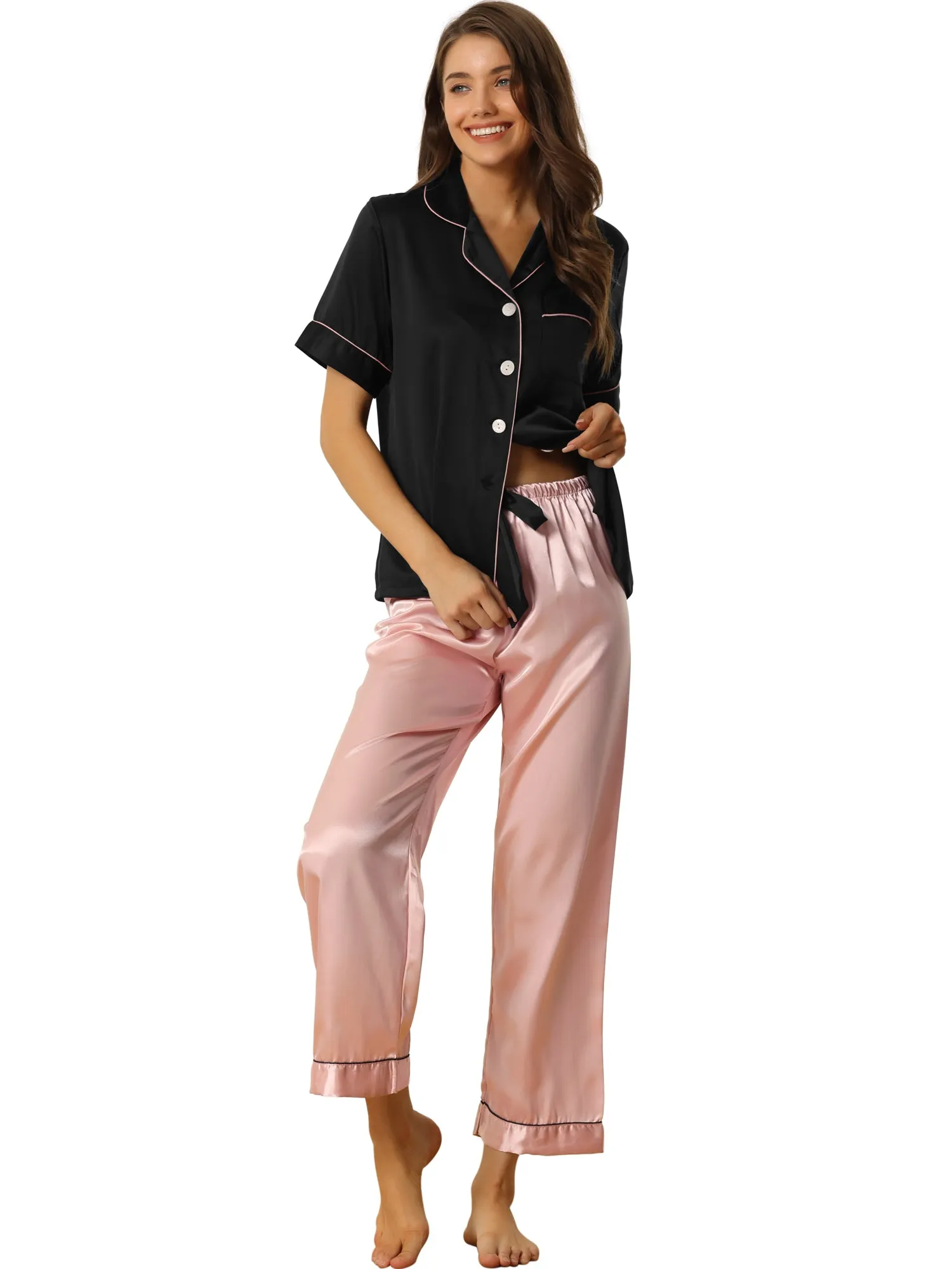 Womens Satin Sleepwear Button Down Short Sleeve with Loose Pants Silky Lounge Pajama Sets