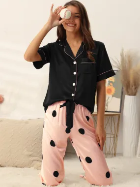 Womens Satin Sleepwear Button Down Short Sleeve with Loose Pants Silky Lounge Pajama Sets