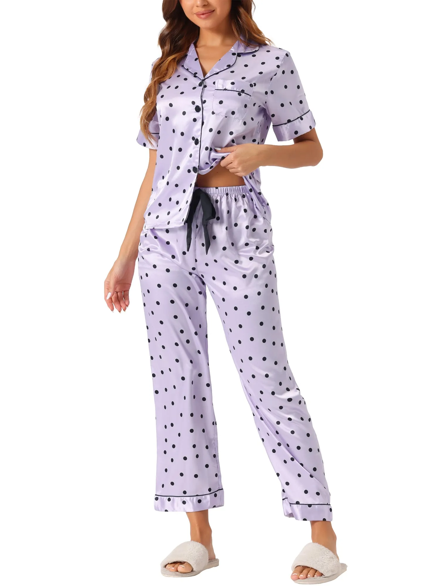 Womens Satin Sleepwear Button Down Short Sleeve with Loose Pants Silky Lounge Pajama Sets