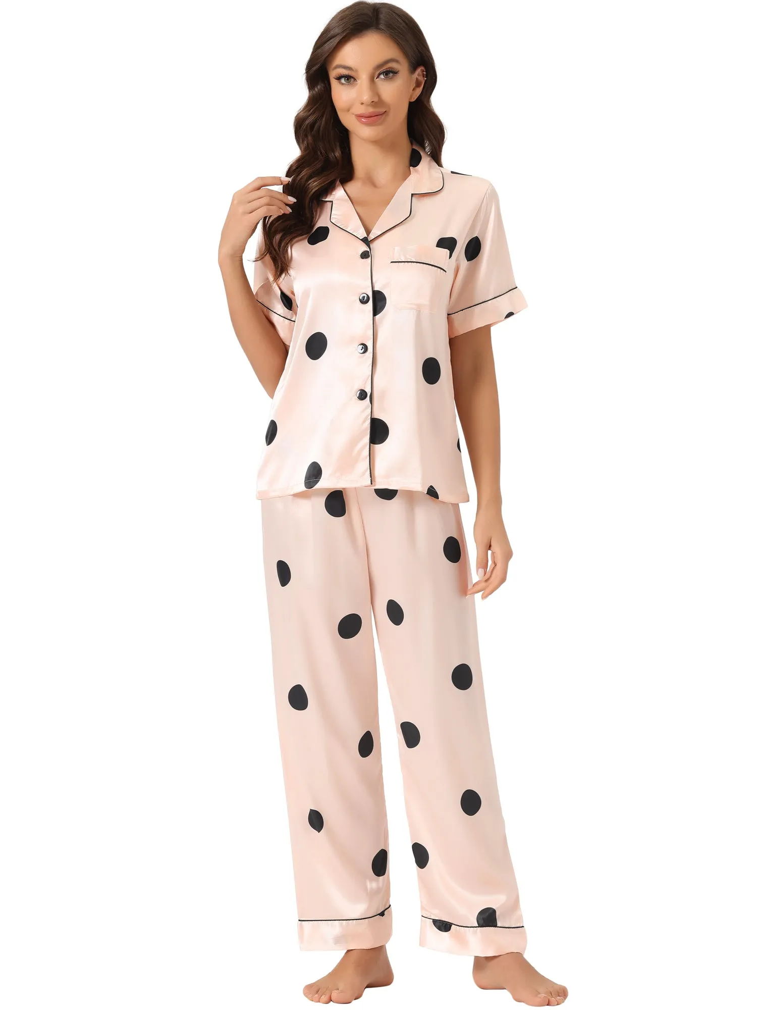 Womens Satin Sleepwear Button Down Short Sleeve with Loose Pants Silky Lounge Pajama Sets