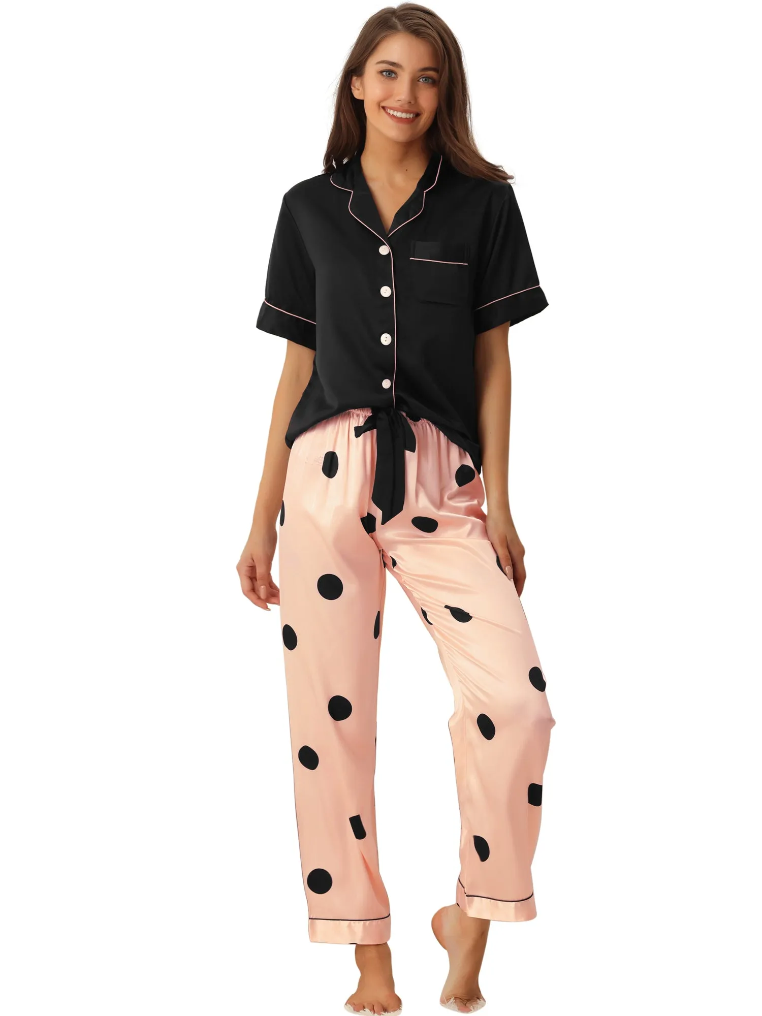 Womens Satin Sleepwear Button Down Short Sleeve with Loose Pants Silky Lounge Pajama Sets