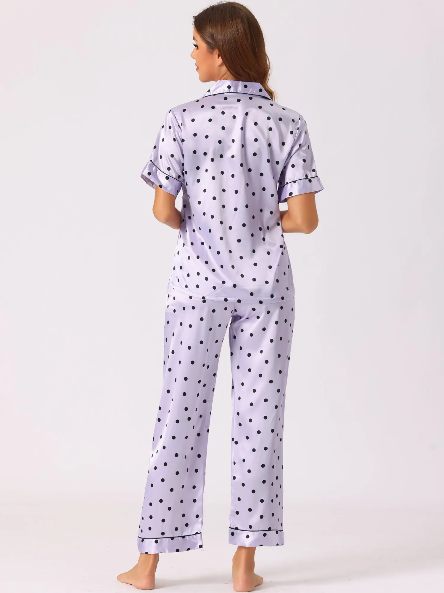 Womens Satin Sleepwear Button Down Short Sleeve with Loose Pants Silky Lounge Pajama Sets