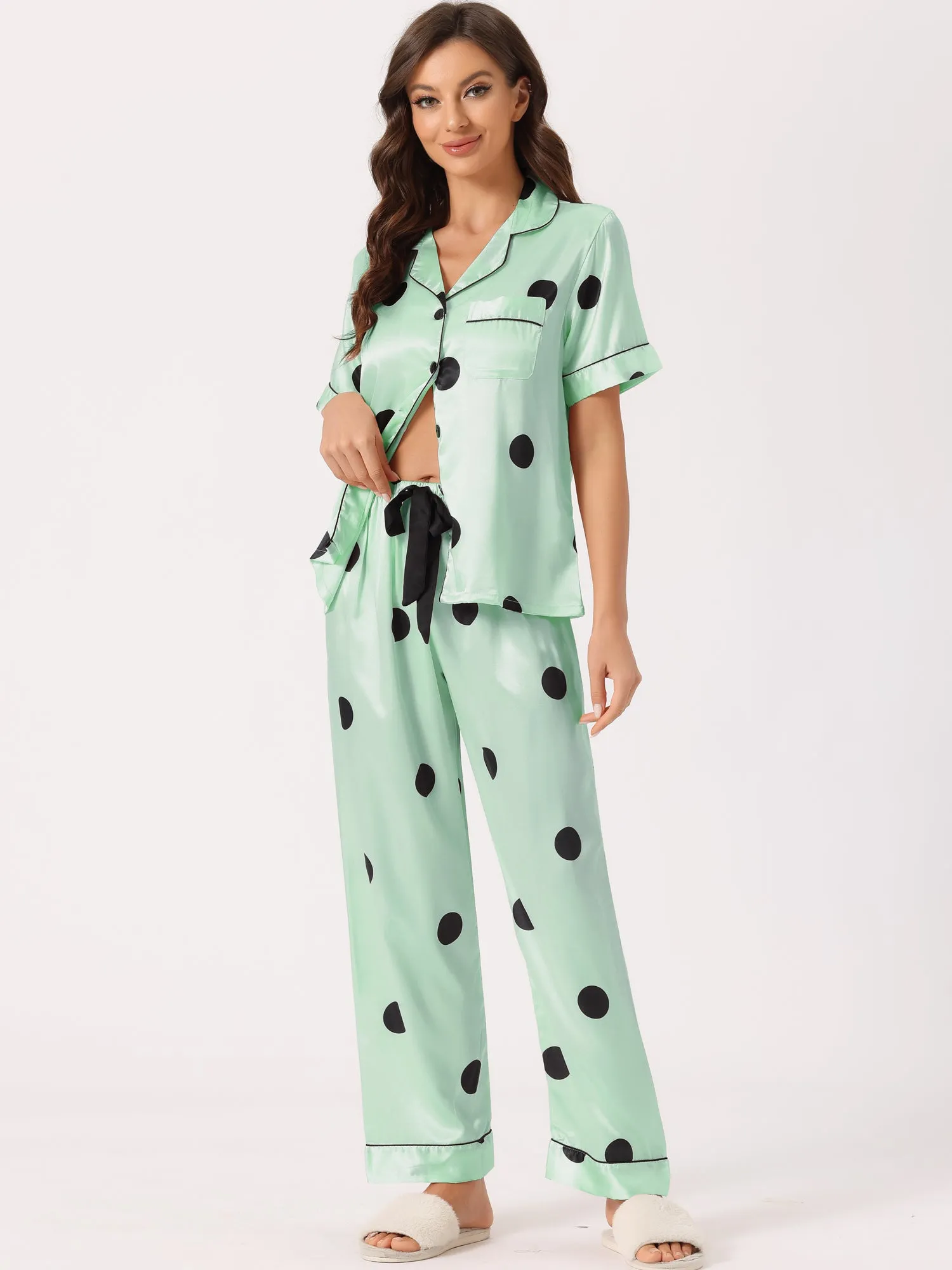 Womens Satin Sleepwear Button Down Short Sleeve with Loose Pants Silky Lounge Pajama Sets
