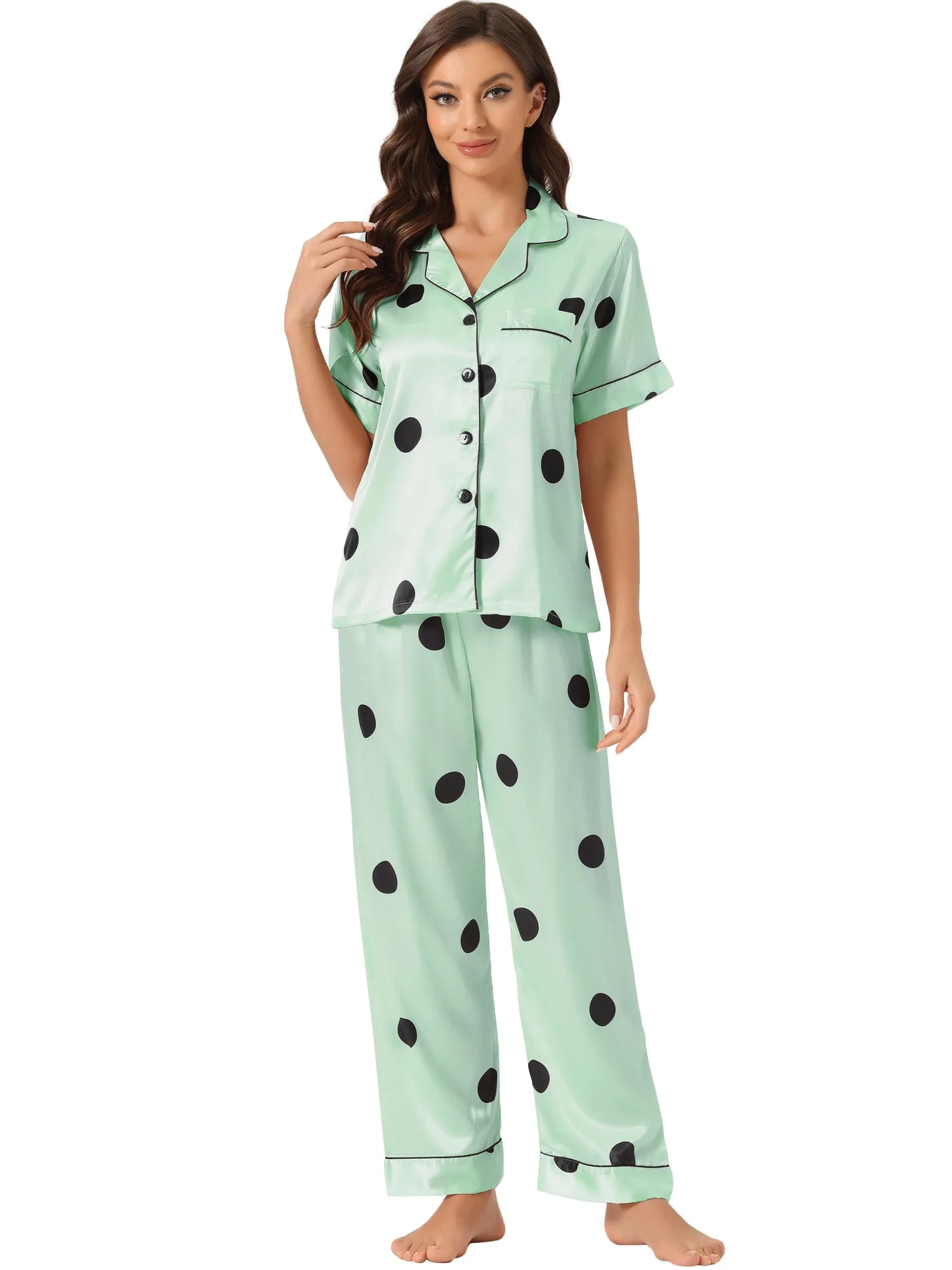 Womens Satin Sleepwear Button Down Short Sleeve with Loose Pants Silky Lounge Pajama Sets
