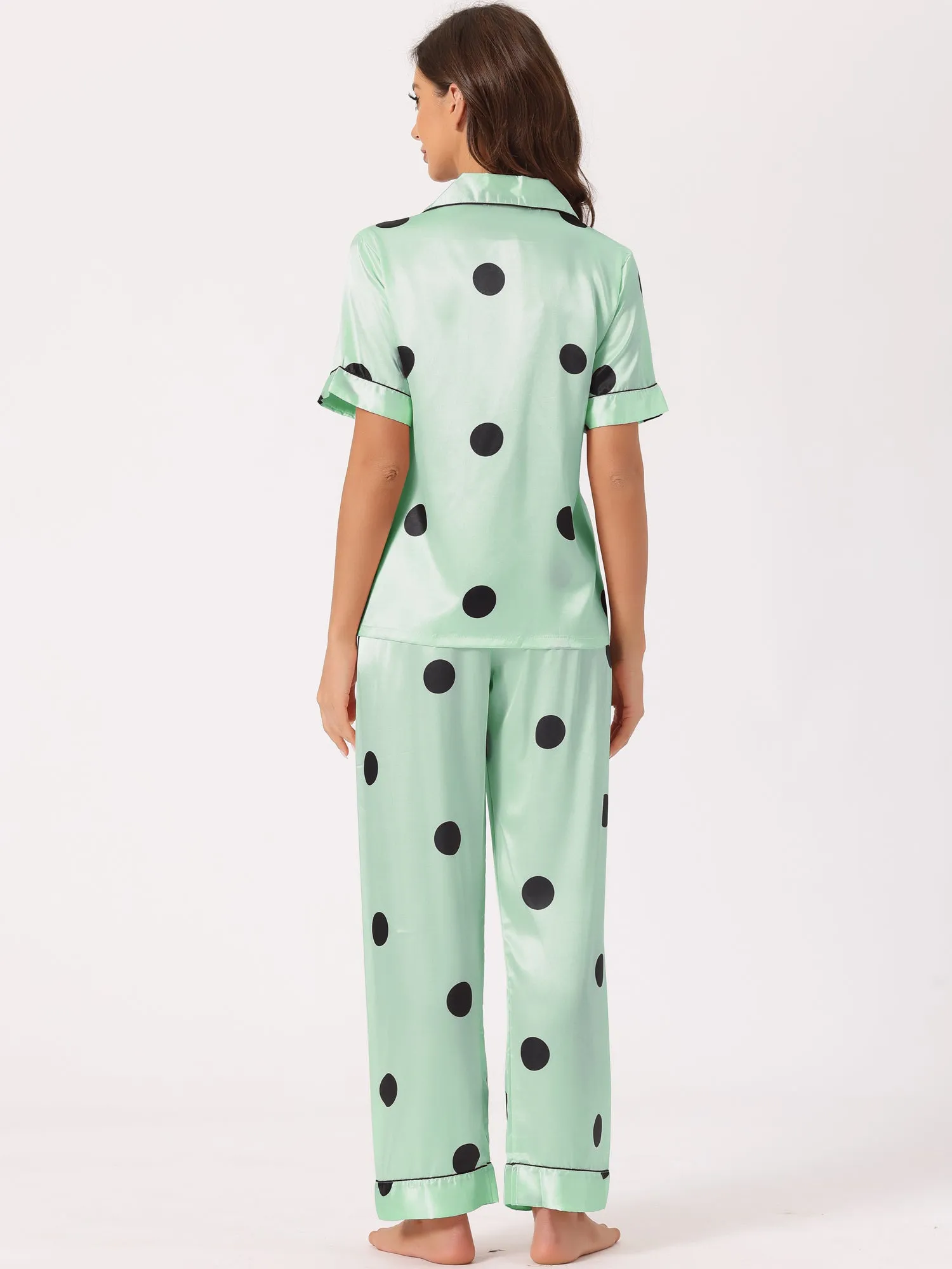 Womens Satin Sleepwear Button Down Short Sleeve with Loose Pants Silky Lounge Pajama Sets
