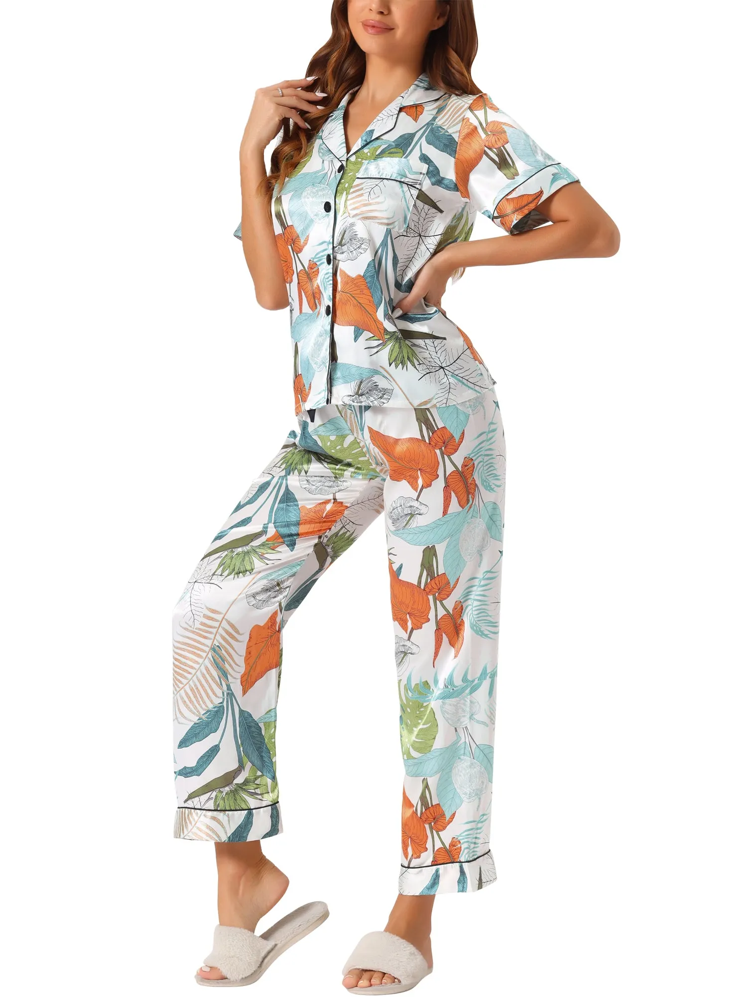 Womens Satin Sleepwear Button Down Short Sleeve with Loose Pants Silky Lounge Pajama Sets