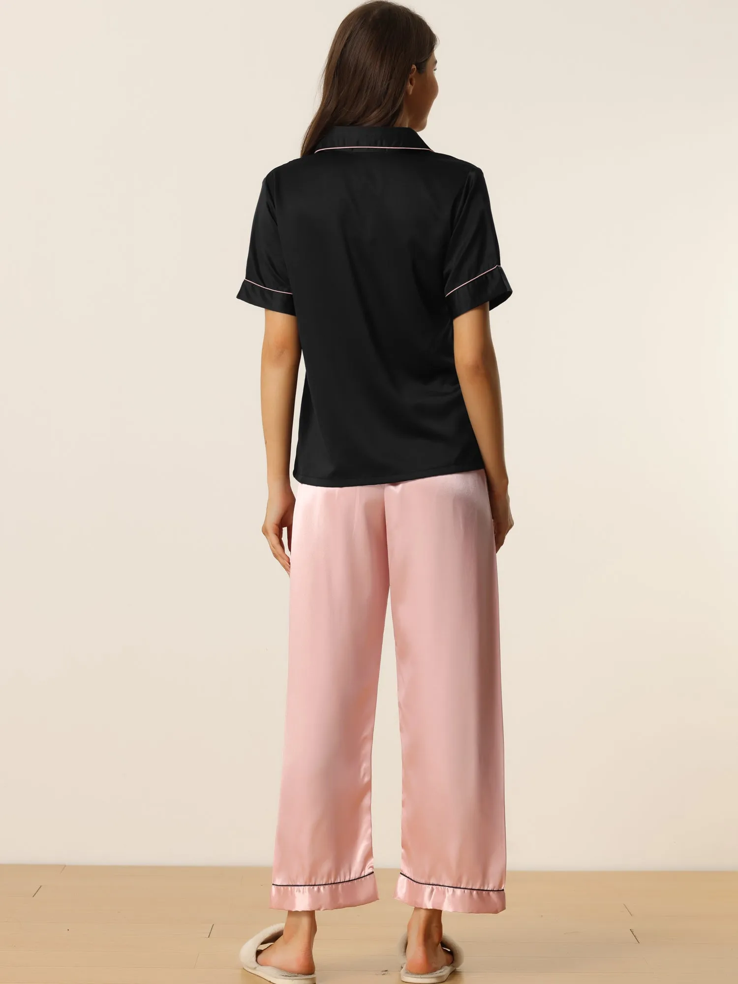 Womens Satin Sleepwear Button Down Short Sleeve with Loose Pants Silky Lounge Pajama Sets