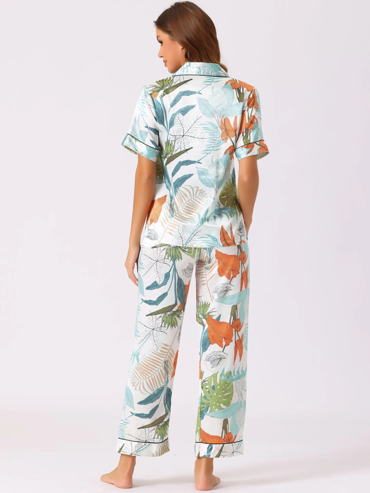 Womens Satin Sleepwear Button Down Short Sleeve with Loose Pants Silky Lounge Pajama Sets
